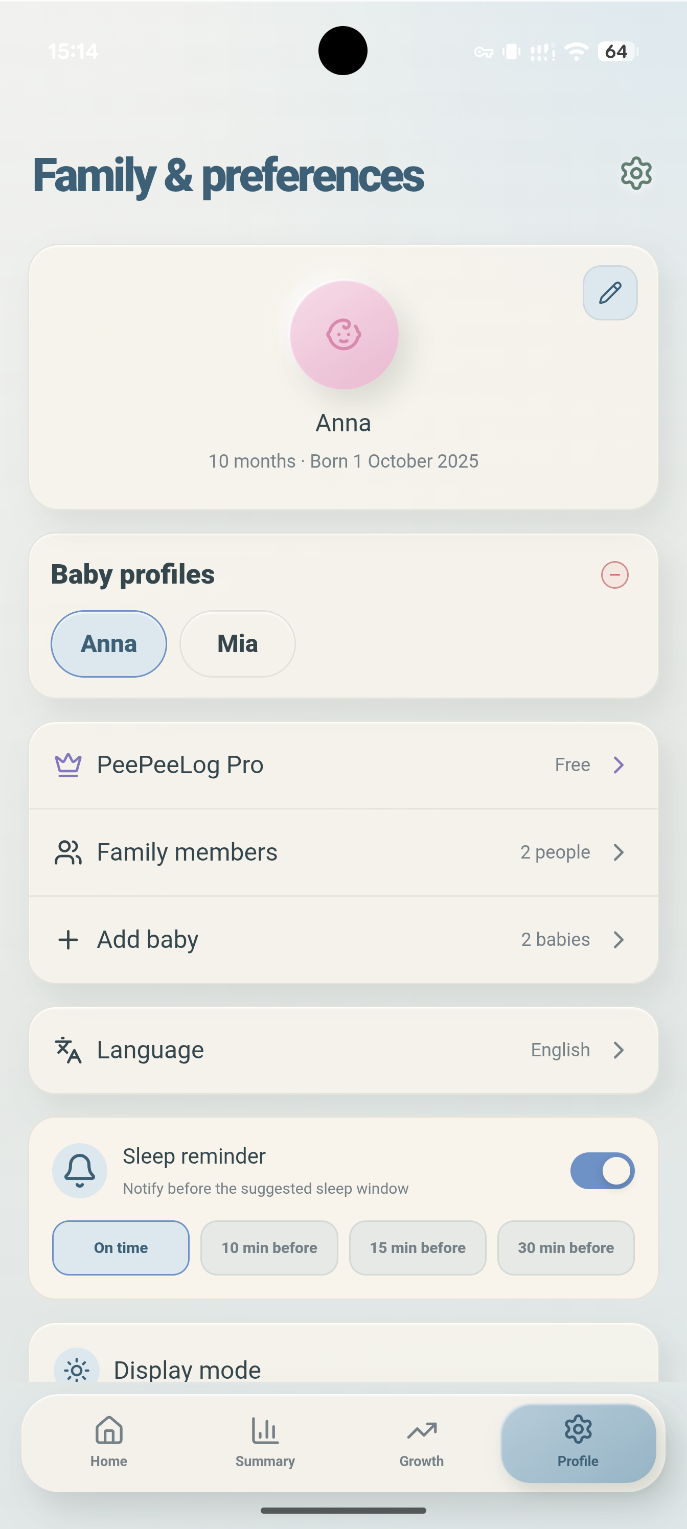 PipLog latest Family & preferences screen